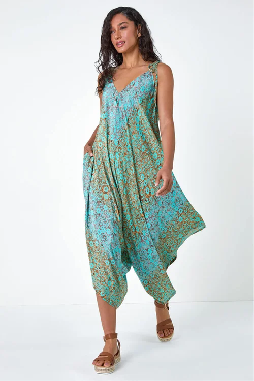 Dusk Teal Paisley Floral Pocket Slouchy Jumpsuit - S Image 1