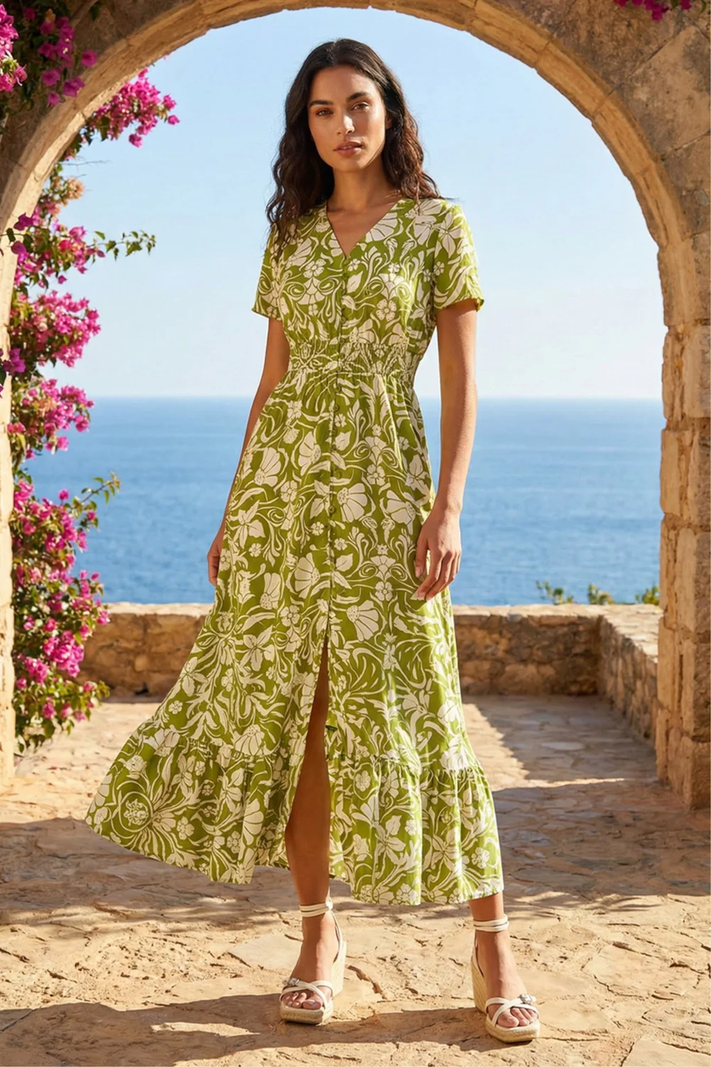 Roman Lime Floral Print Button Detail Maxi Dress - 12 Image 1