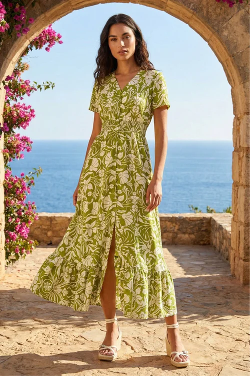 Roman Lime Floral Print Button Detail Maxi Dress - 12 Image 1