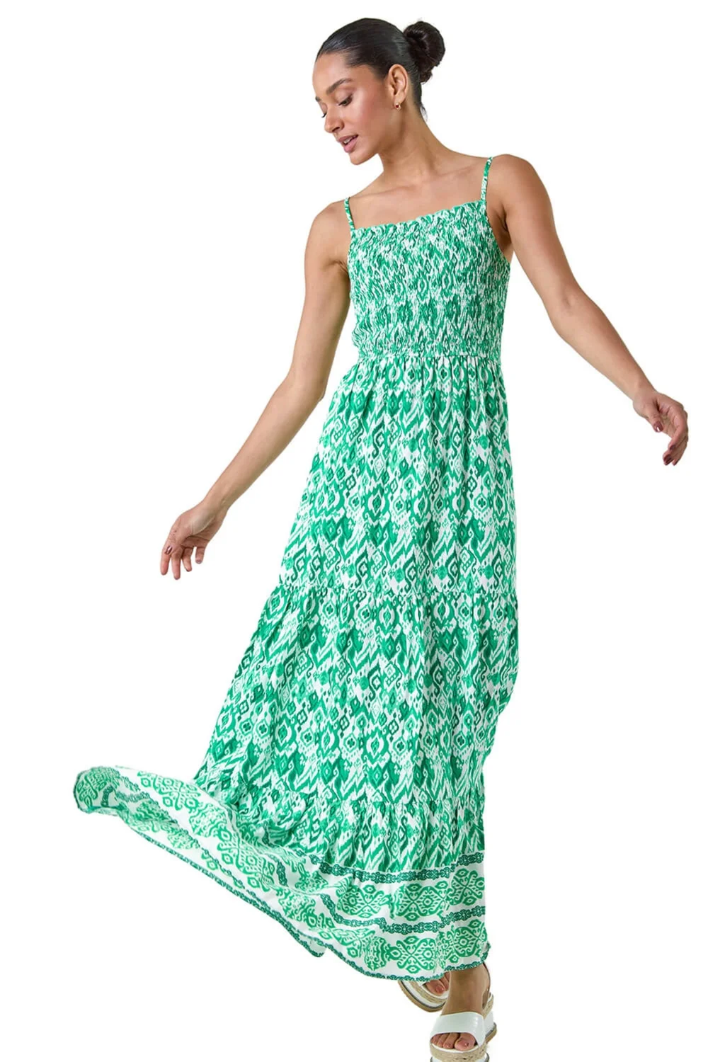 Dusk Green Aztec Border Print Shirred Maxi Dress - 16 Image 2