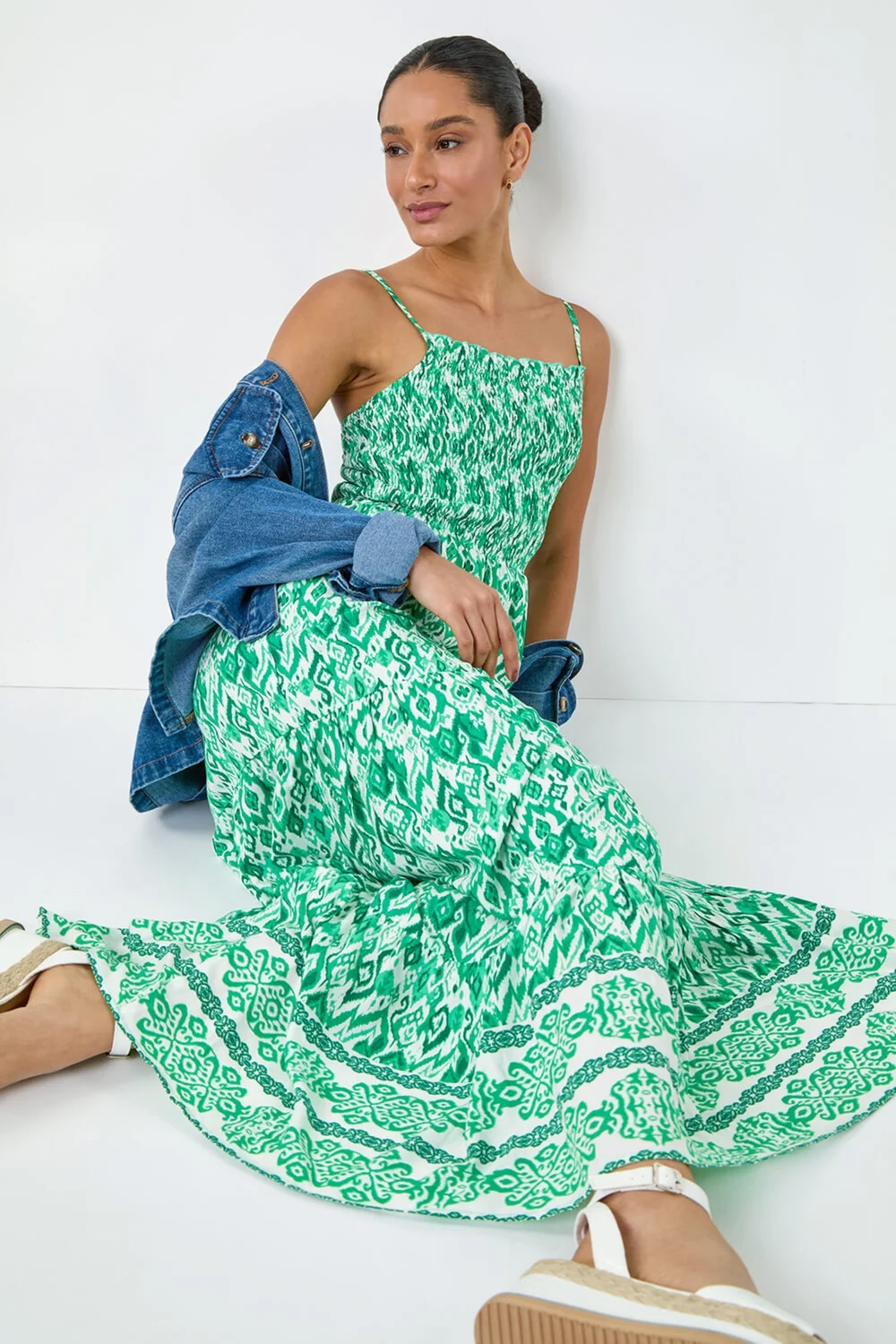 Dusk Green Aztec Border Print Shirred Maxi Dress - 16 Image 3