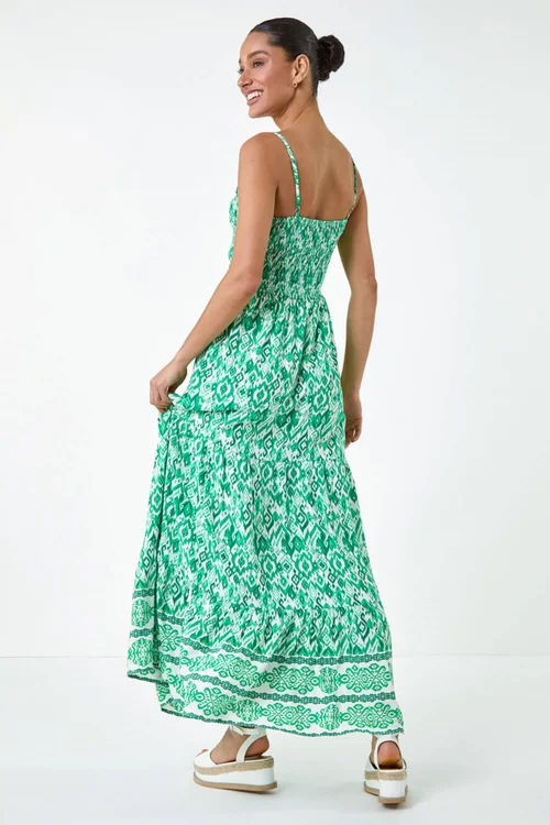Dusk Green Aztec Border Print Shirred Maxi Dress - 16 Image 4