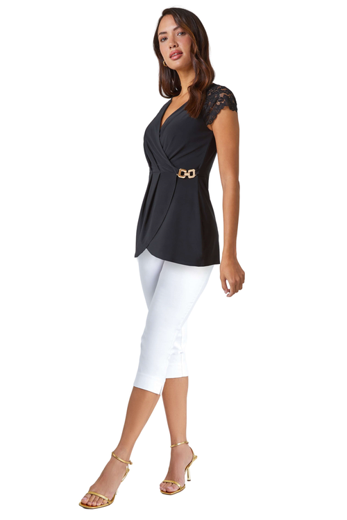 Roman Black Lace Trim Stretch V-Neck Wrap Top - 6 Image 2