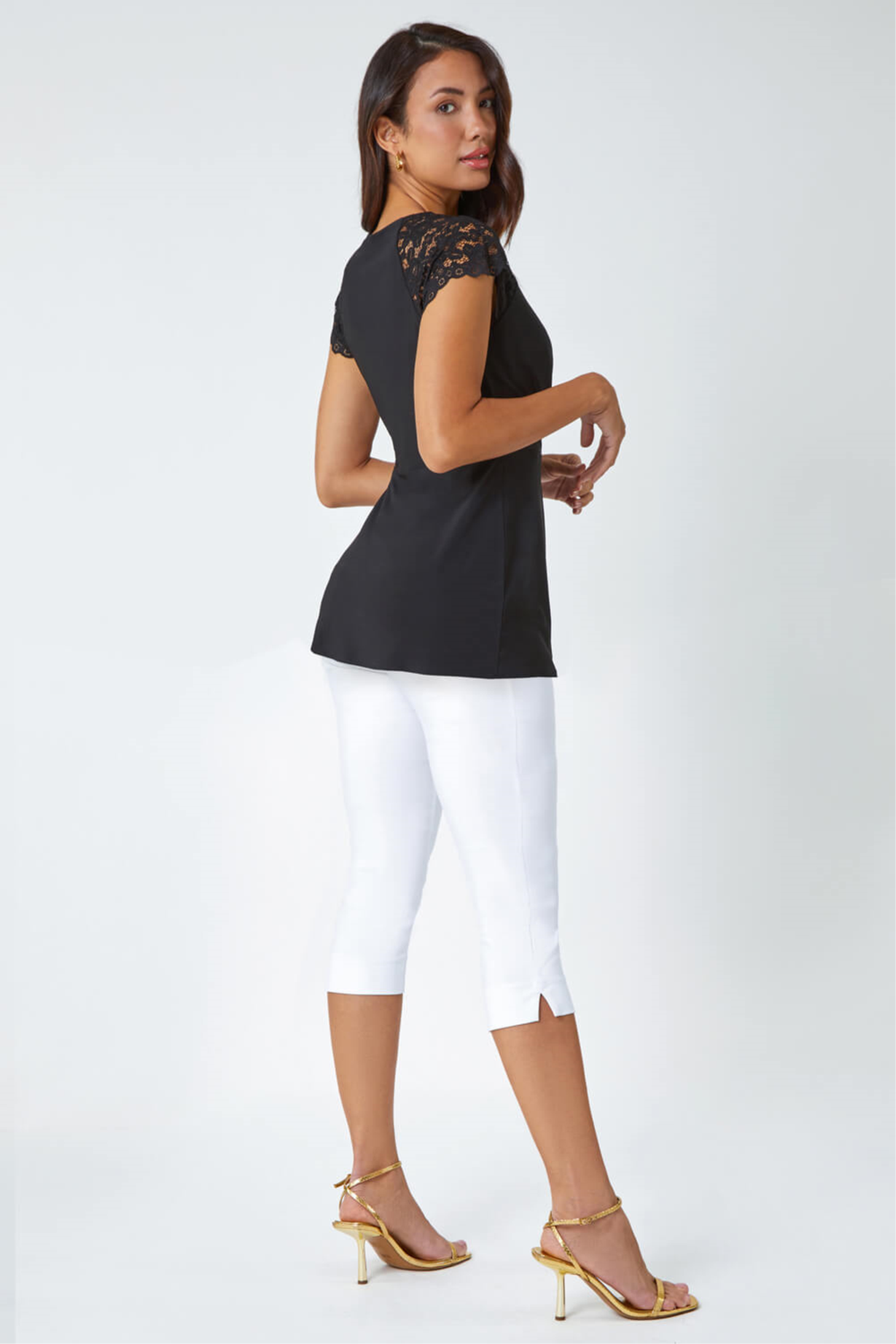 Roman Black Lace Trim Stretch V-Neck Wrap Top - 6 Image 3