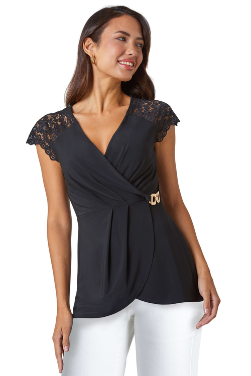 Roman Black Lace Trim Stretch V-Neck Wrap Top - 6 Image 1