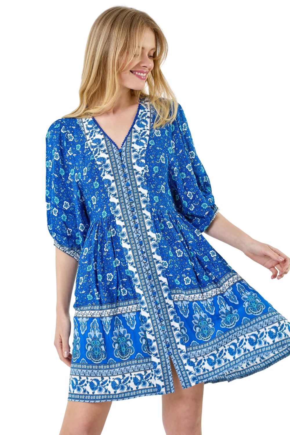 Roman Royal Blue Paisley Floral Border Print Dress - 12 Image 1