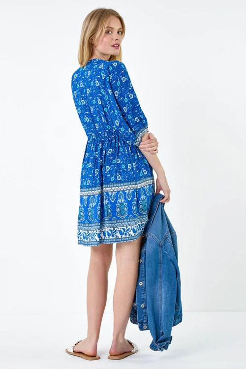 Roman Royal Blue Paisley Floral Border Print Dress - 12 Image 4