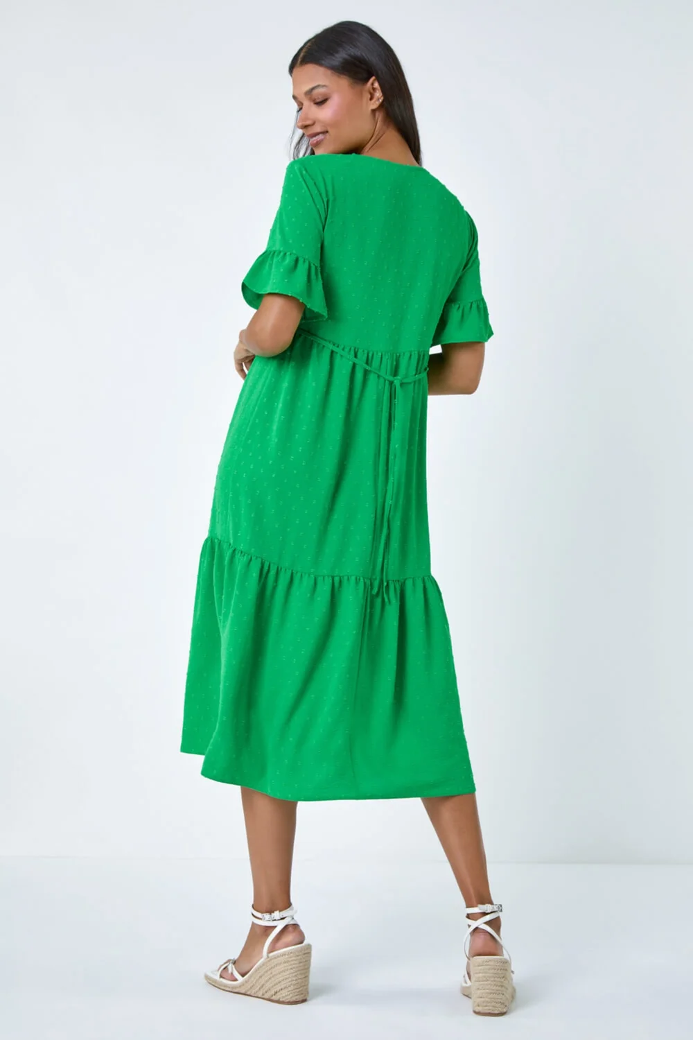 Roman Green Textured Spot Frill Tiered Midi Dress - 18 Image 4