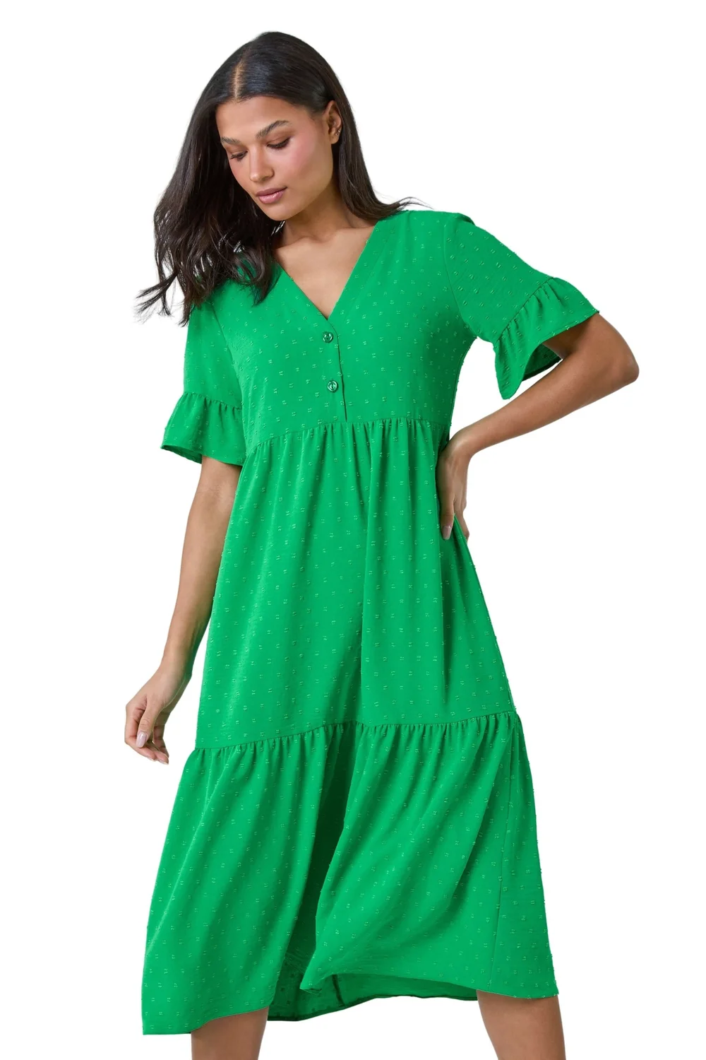 Roman Green Textured Spot Frill Tiered Midi Dress - 18 Image 2