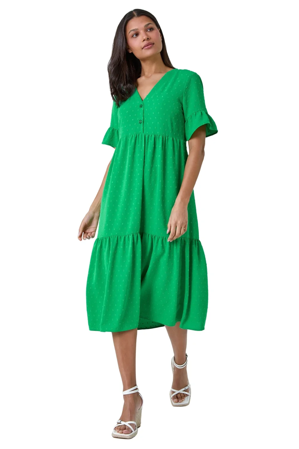 Roman Green Textured Spot Frill Tiered Midi Dress - 18 Image 1