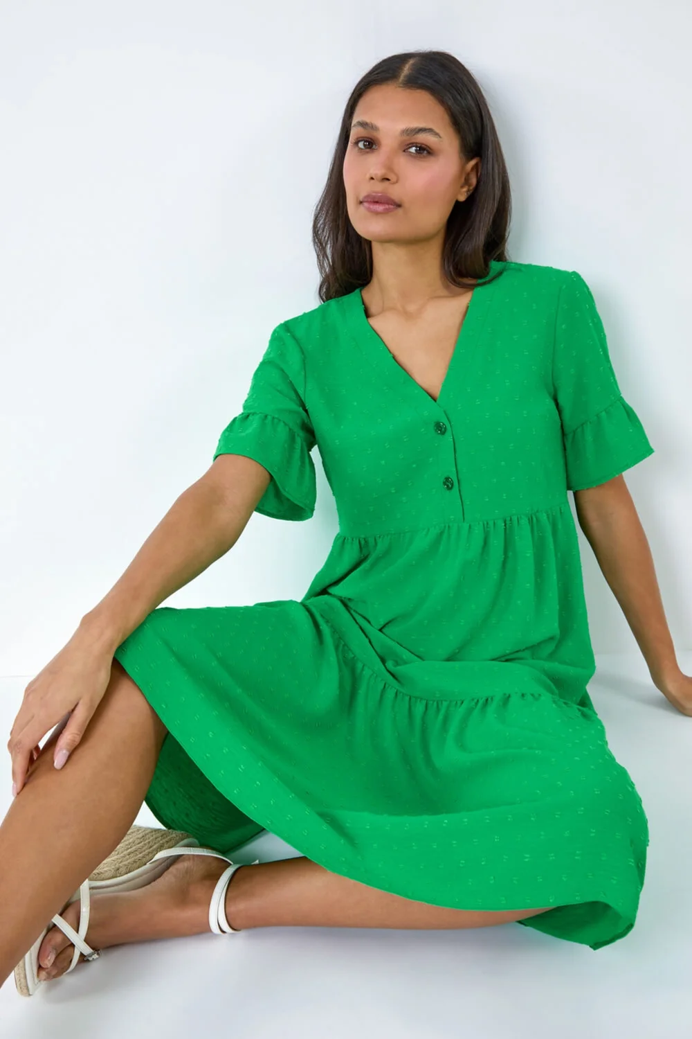 Roman Green Textured Spot Frill Tiered Midi Dress - 18 Image 3