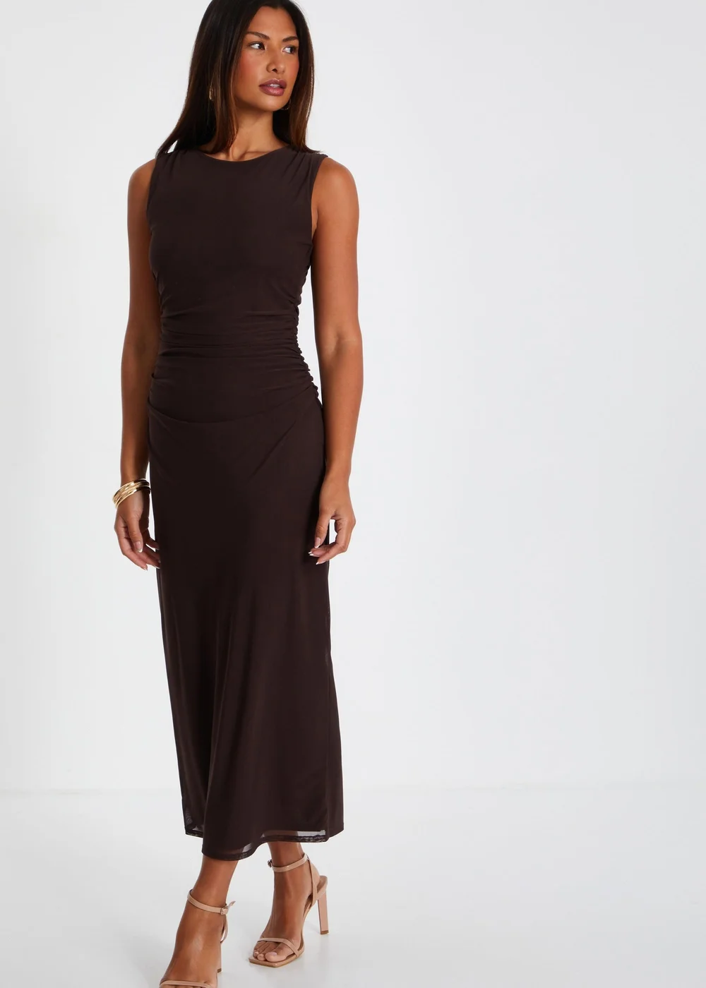 Quiz Brown Mesh Ruched Bodycon Midaxi Dress - 6 Image 3