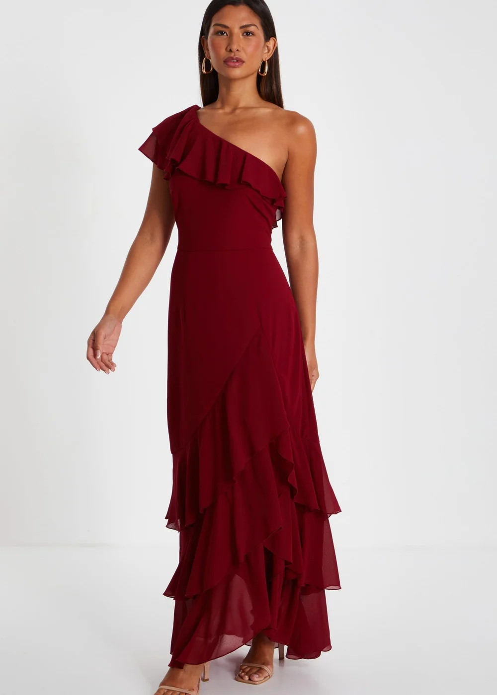 Quiz Red One Shoulder Chiffon Ruffle Maxi Dress - 6 Image 3