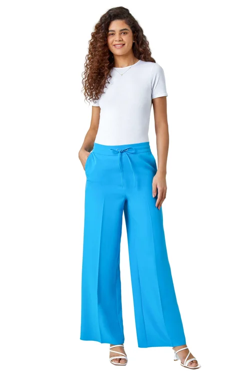 Roman Turquoise Wide Leg Elastic Waist Tie Front Trouser - 20 Image 1