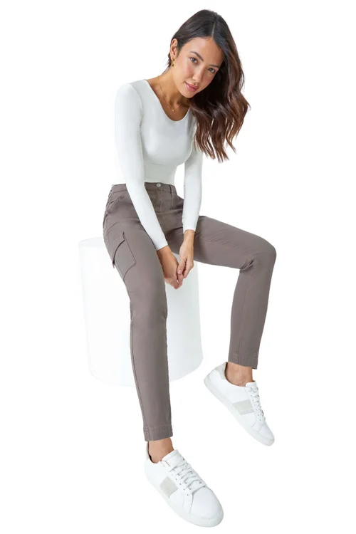 Roman Taupe Cotton Blend Cargo Stretch Jegging - 10 Image 2