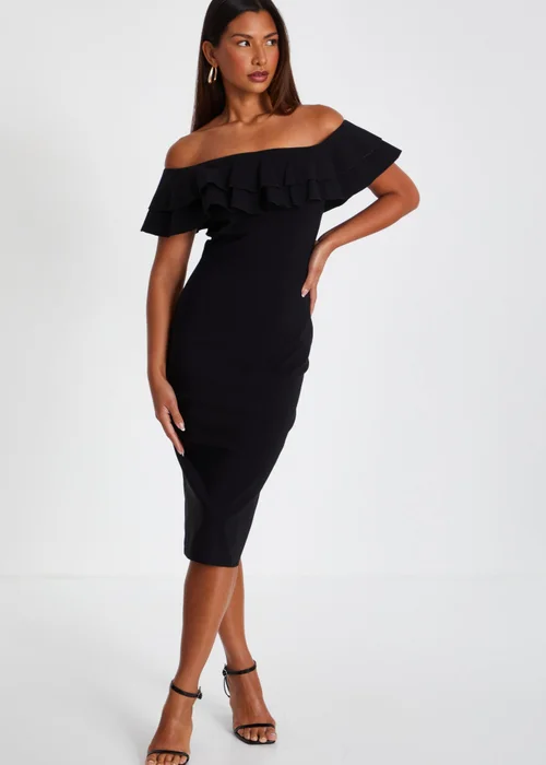 Quiz Black Bardot Ruffle Midi Bodycon Dress - 6 Image 1