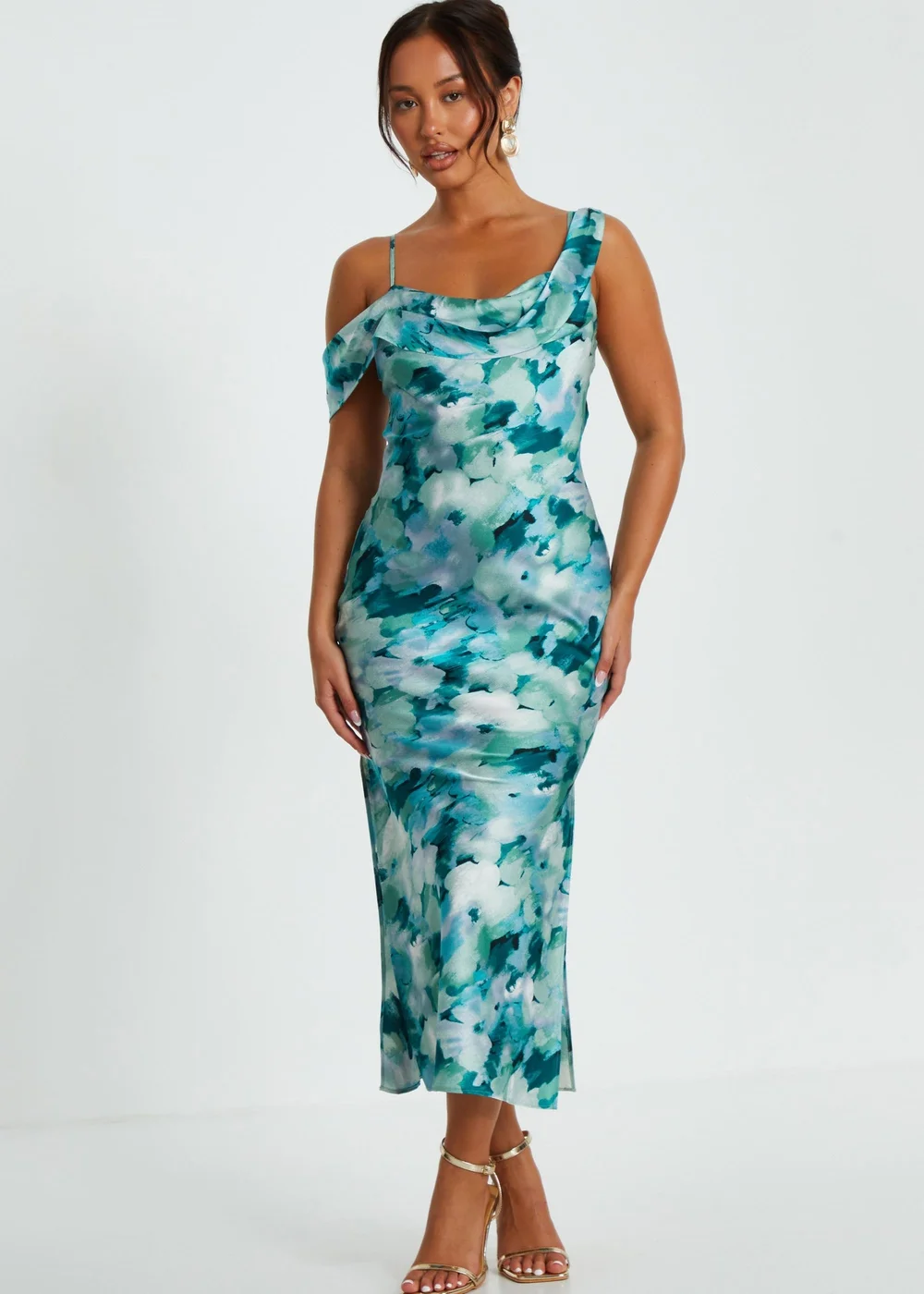 Quiz Blue Petite Floral Satin Asymmetric Midaxi Dress - 6 Image 3