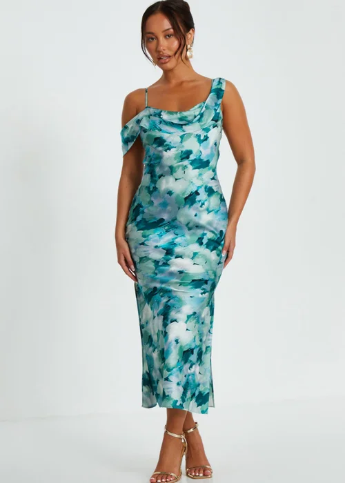Quiz Blue Petite Floral Satin Asymmetric Midaxi Dress - 6 Image 3