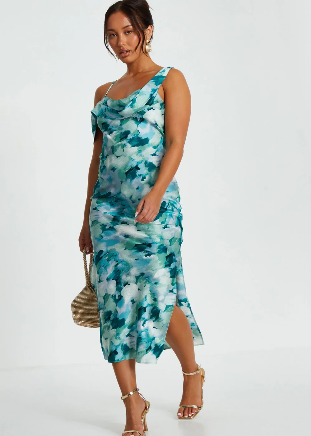 Quiz Blue Petite Floral Satin Asymmetric Midaxi Dress - 6 Image 1