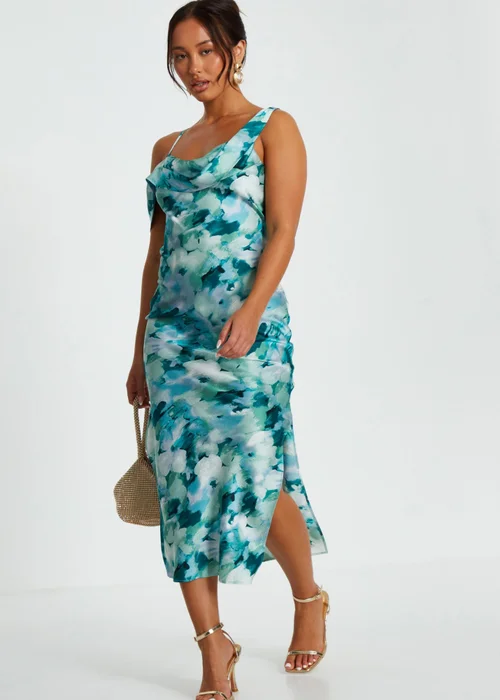 Quiz Blue Petite Floral Satin Asymmetric Midaxi Dress - 6 Image 1