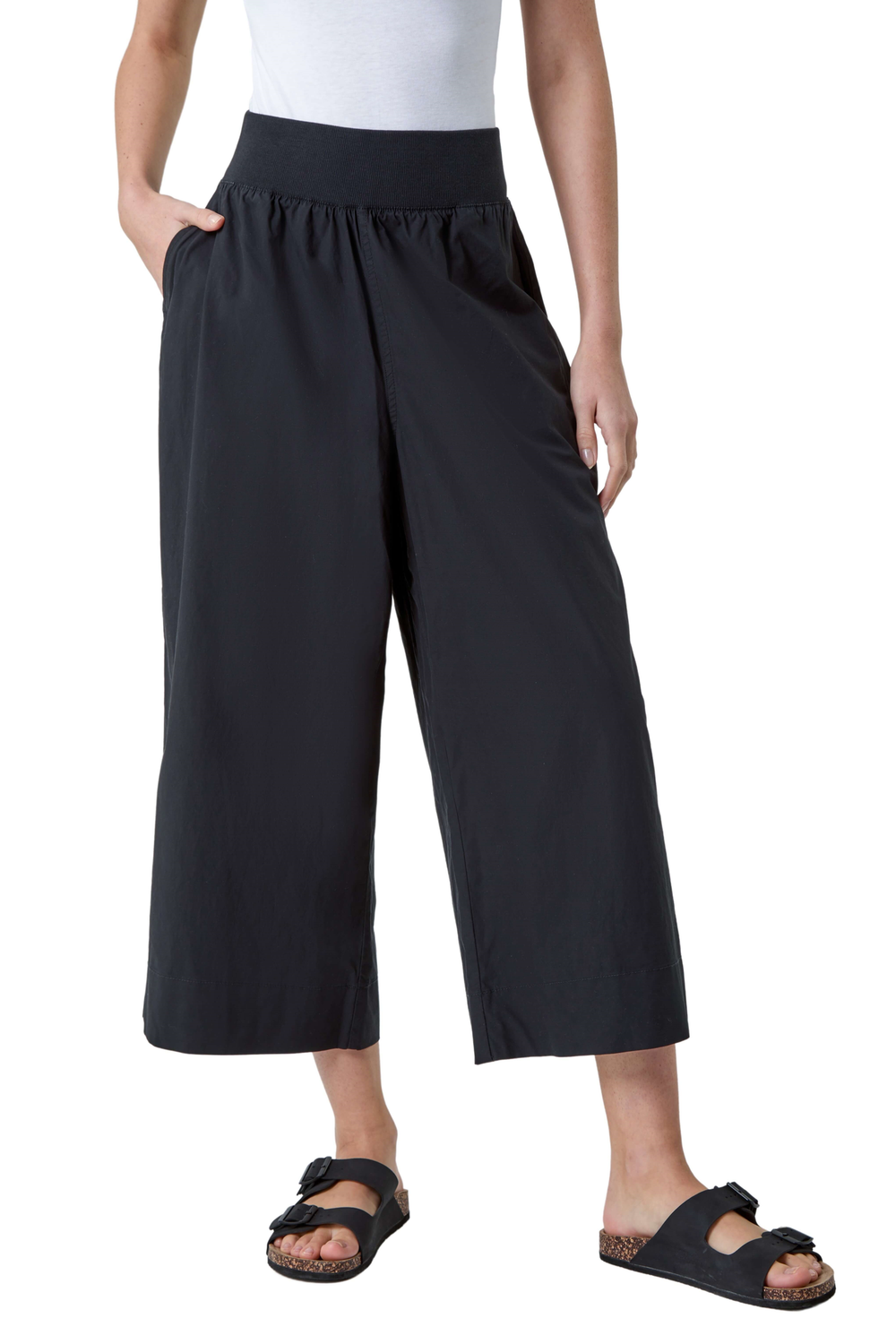 Roman Black Elastic Waist Wide Leg Cotton Cropped Culottes - 12 Image 2