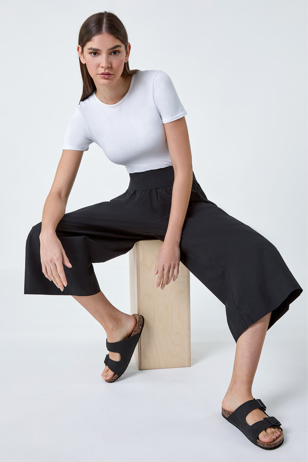 Roman Black Elastic Waist Wide Leg Cotton Cropped Culottes - 12 Image 3