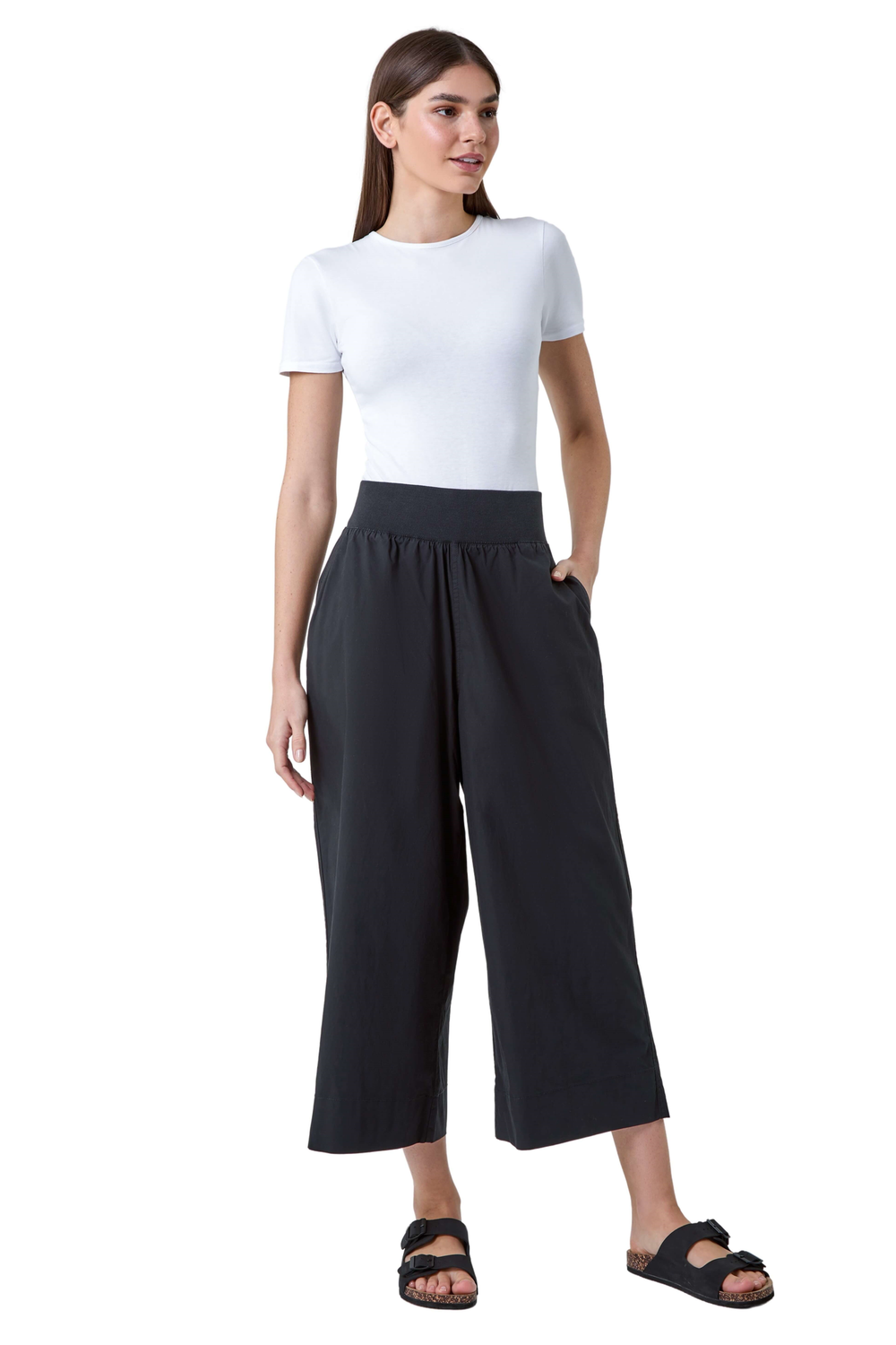 Roman Black Elastic Waist Wide Leg Cotton Cropped Culottes - 12 Image 1