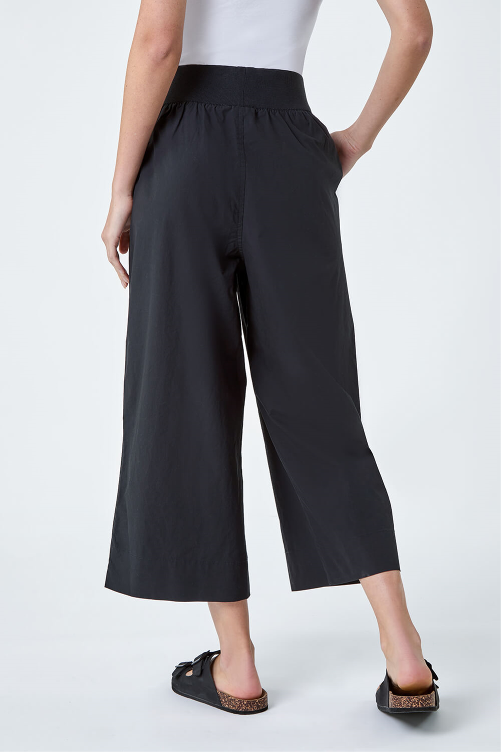 Roman Black Elastic Waist Wide Leg Cotton Cropped Culottes - 12 Image 4