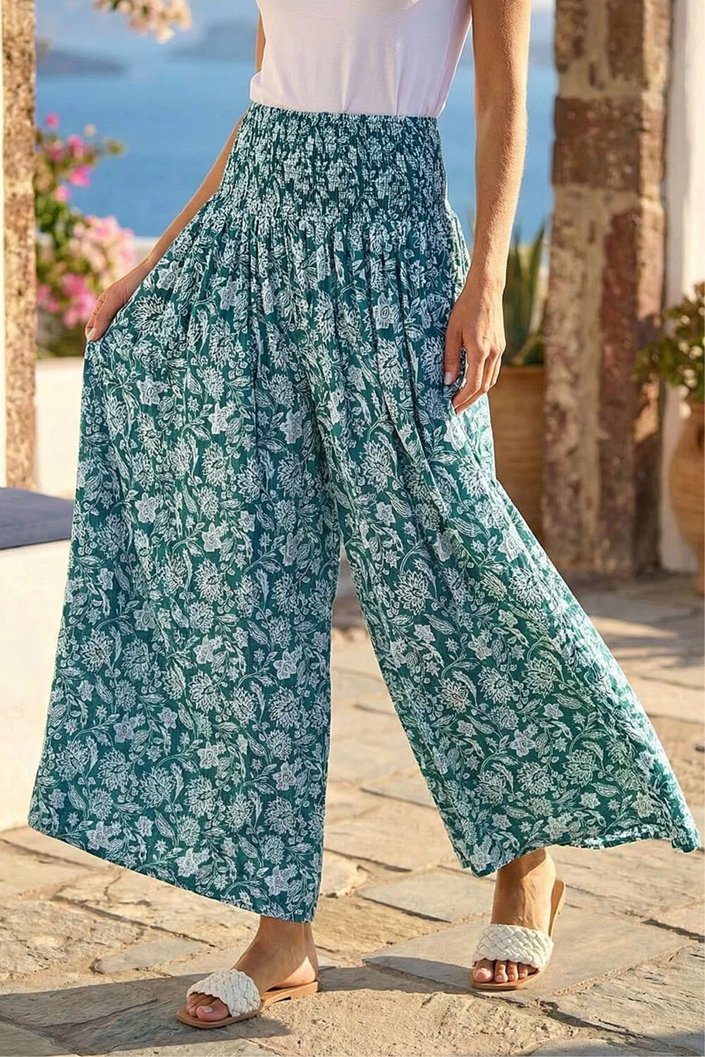 Roman Green Floral Leaf Shirred Palazzo Stretch Trouser - One Size Image 2