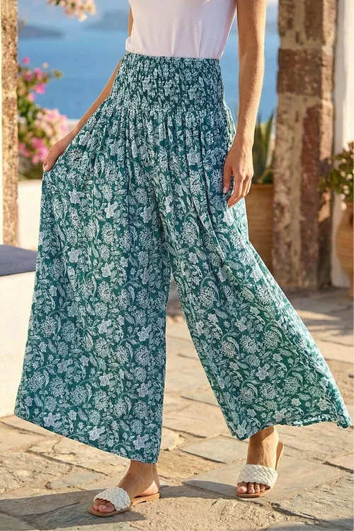 Roman Green Floral Leaf Shirred Palazzo Stretch Trouser - One Size Image 2