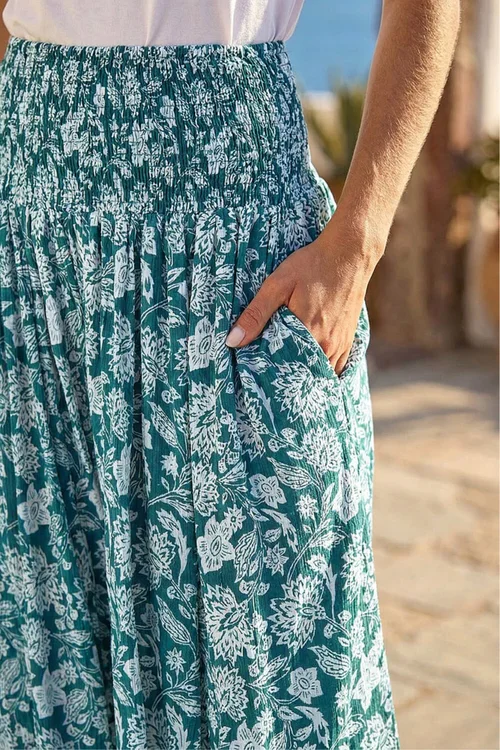 Roman Green Floral Leaf Shirred Palazzo Stretch Trouser - One Size Image 4