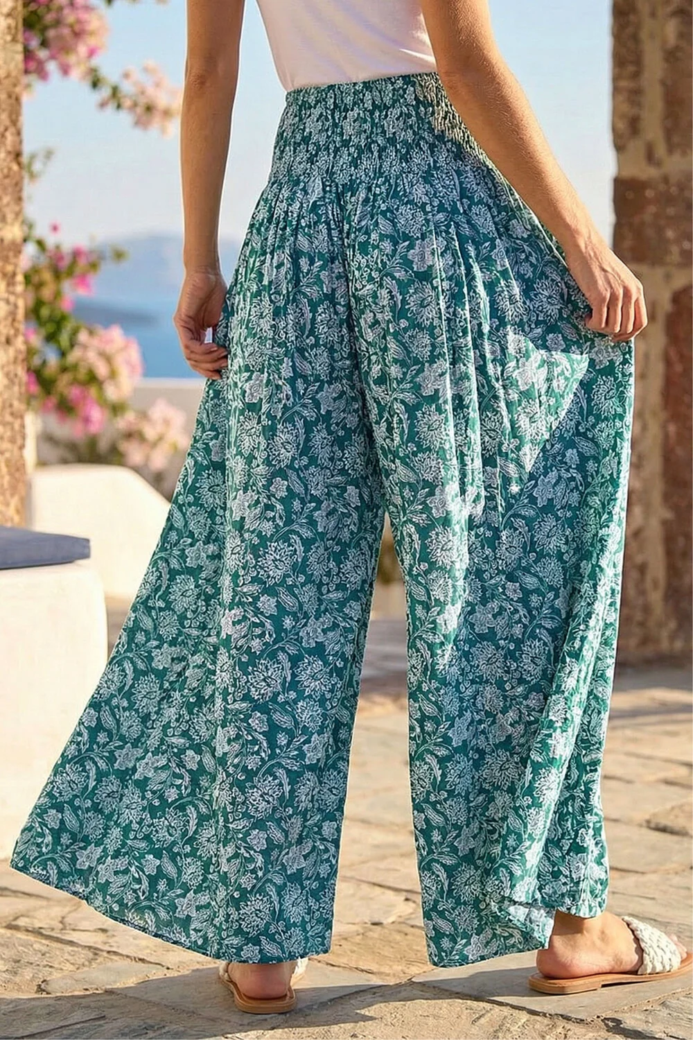 Roman Green Floral Leaf Shirred Palazzo Stretch Trouser - One Size Image 3