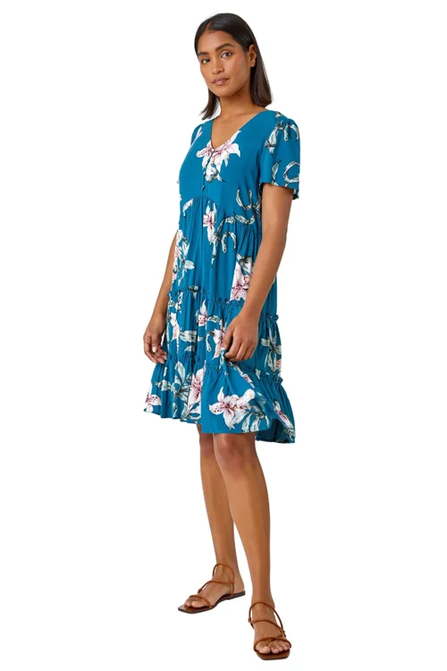 Roman Teal Floral Print Tiered Mini Dress - 12 Image 1