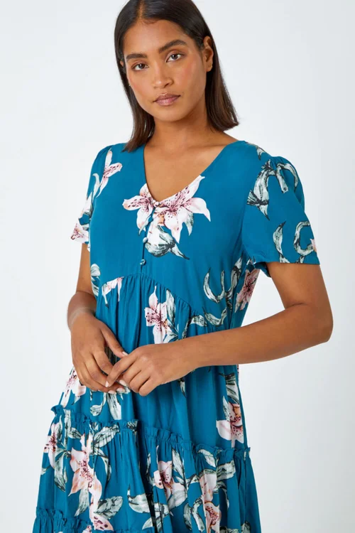 Roman Teal Floral Print Tiered Mini Dress - 12 Image 4