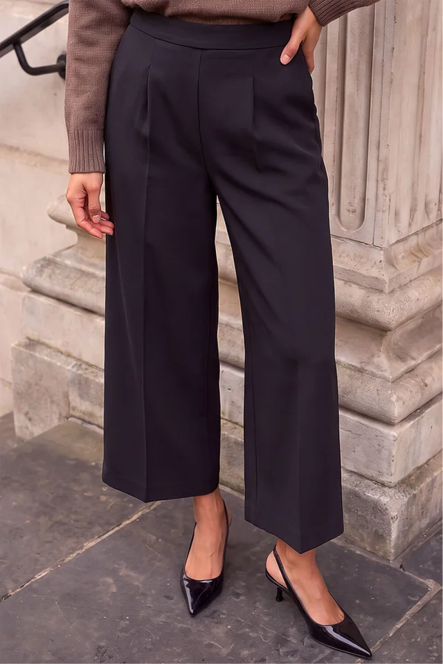 Roman Black Elastic Waist Wide Leg Cropped Culottes