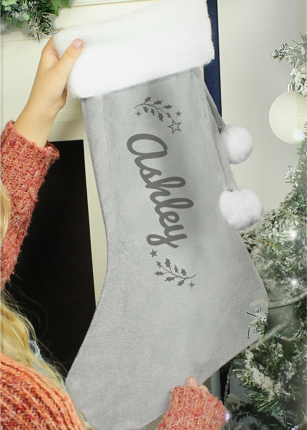 Personalised Memento Company Grey Holly Christmas Stocking - One Size Image 2