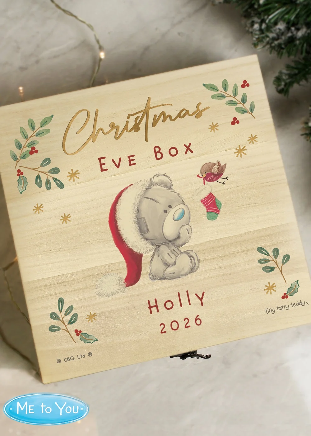Personalised Memento Company Wood Winter Christmas Eve Tiny Tatty Teddy Large Keepsake Box - One Size Image 1