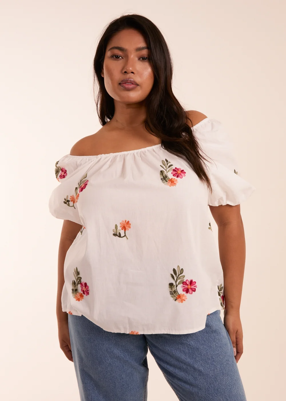 Blue Vanilla White Curve Milkmaid Flower Embroidered Top - 18-20 Image 1