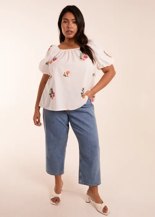 Blue Vanilla White Curve Milkmaid Flower Embroidered Top - 18-20 Image 4