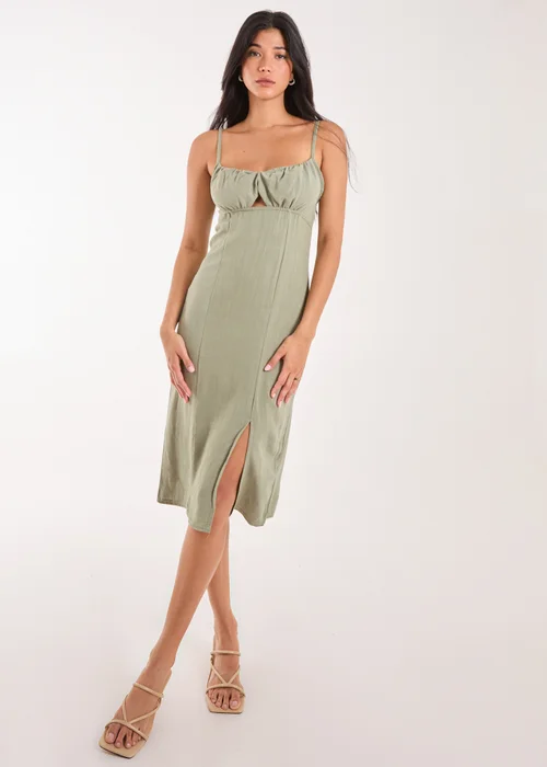 Pink Vanilla Khaki Ruched Linen Style Midi Dress - 6 Image 1
