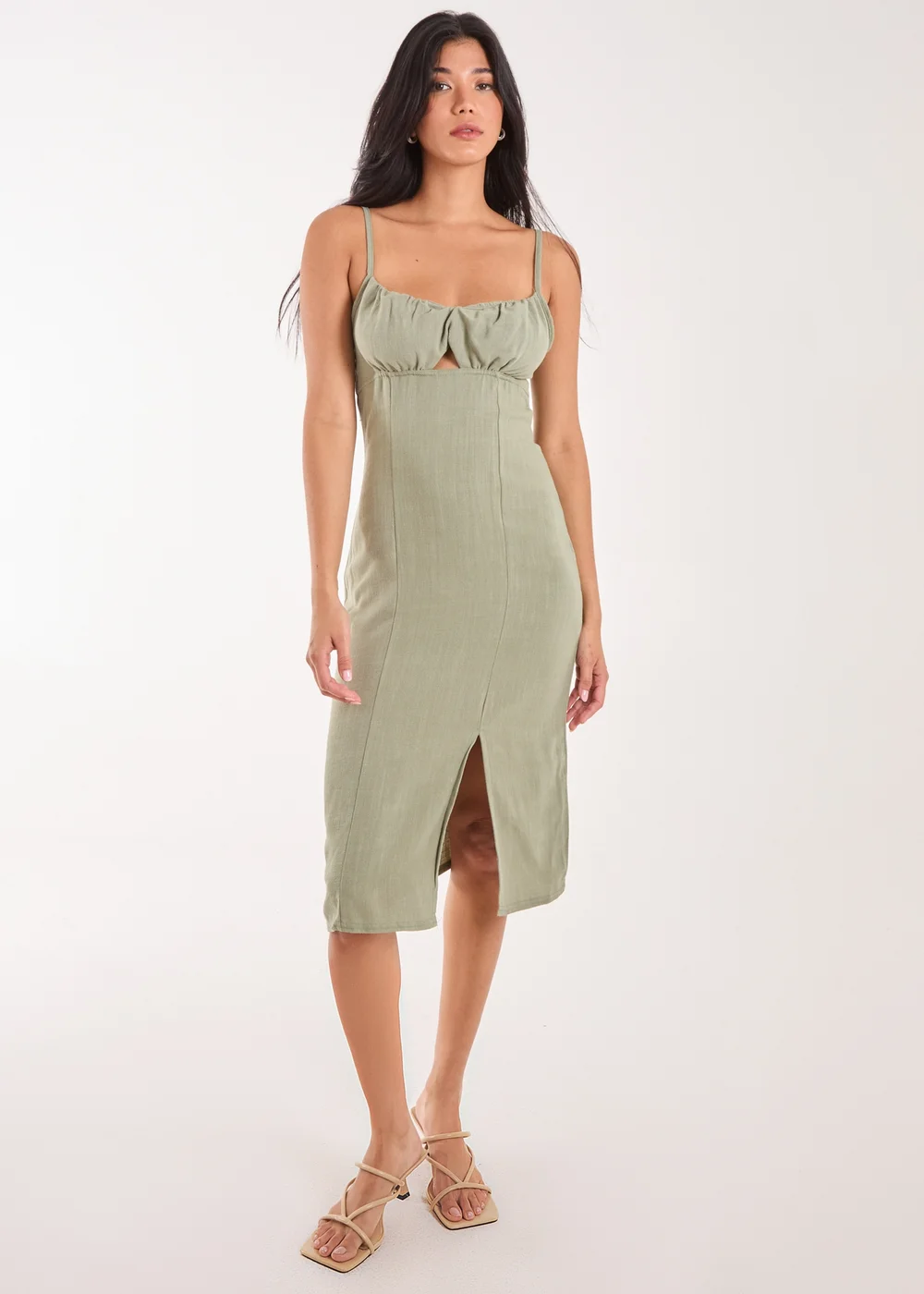 Pink Vanilla Khaki Ruched Linen Style Midi Dress - 6 Image 4
