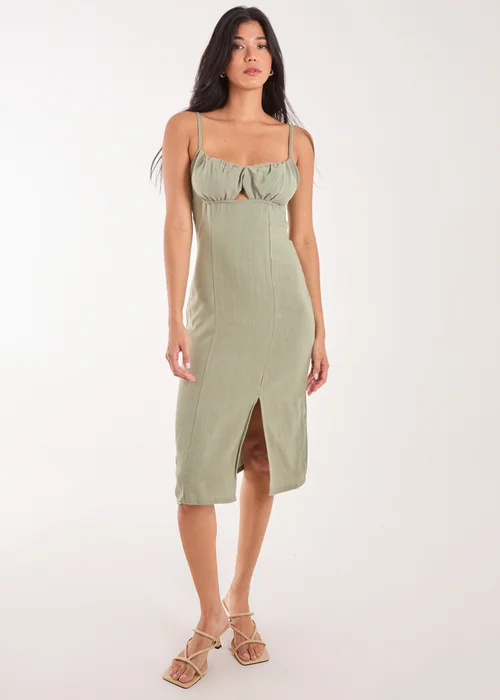 Pink Vanilla Khaki Ruched Linen Style Midi Dress - 6 Image 4