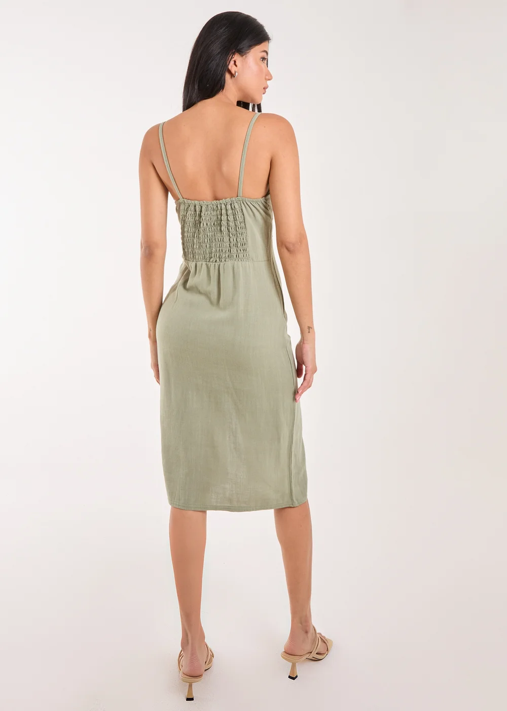 Pink Vanilla Khaki Ruched Linen Style Midi Dress - 6 Image 2