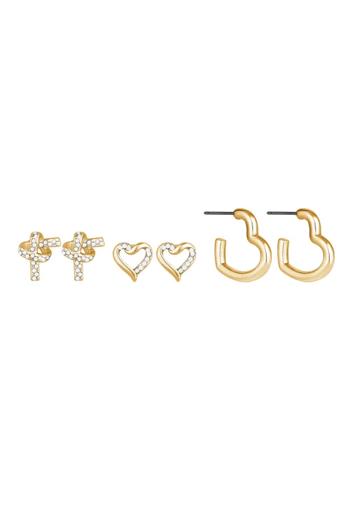 Mood Gold Crystal Love Heart Mixed Earrings - Pack of 3 - One Size Image 1