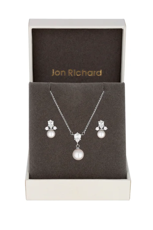 Jon Richard Rhodium Plated And Pearl Set - Gift Boxed - One Size Image 1