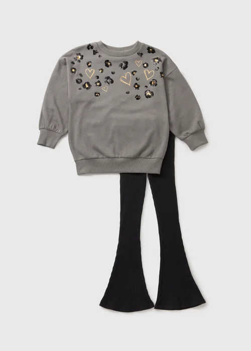 Girls Grey Leopard Heart Sweatshirt & Legging Set (7-15yrs) - Age 7 Years Image 1