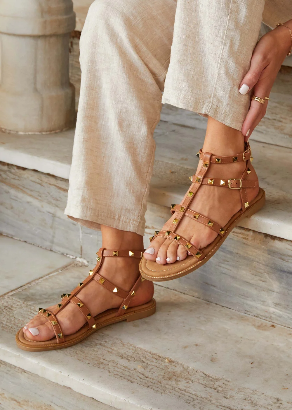 Linzi Billie Tan Studded Gladiator Sandal - 3 Image 1