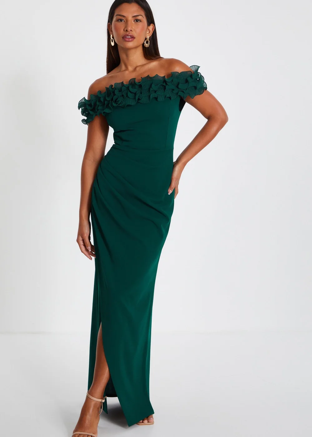 Quiz Green Ruffle Bardot Maxi Dress - 8 | Matalan Quiz Green Ruffle Bardot Maxi Dress - 8 | Matalan