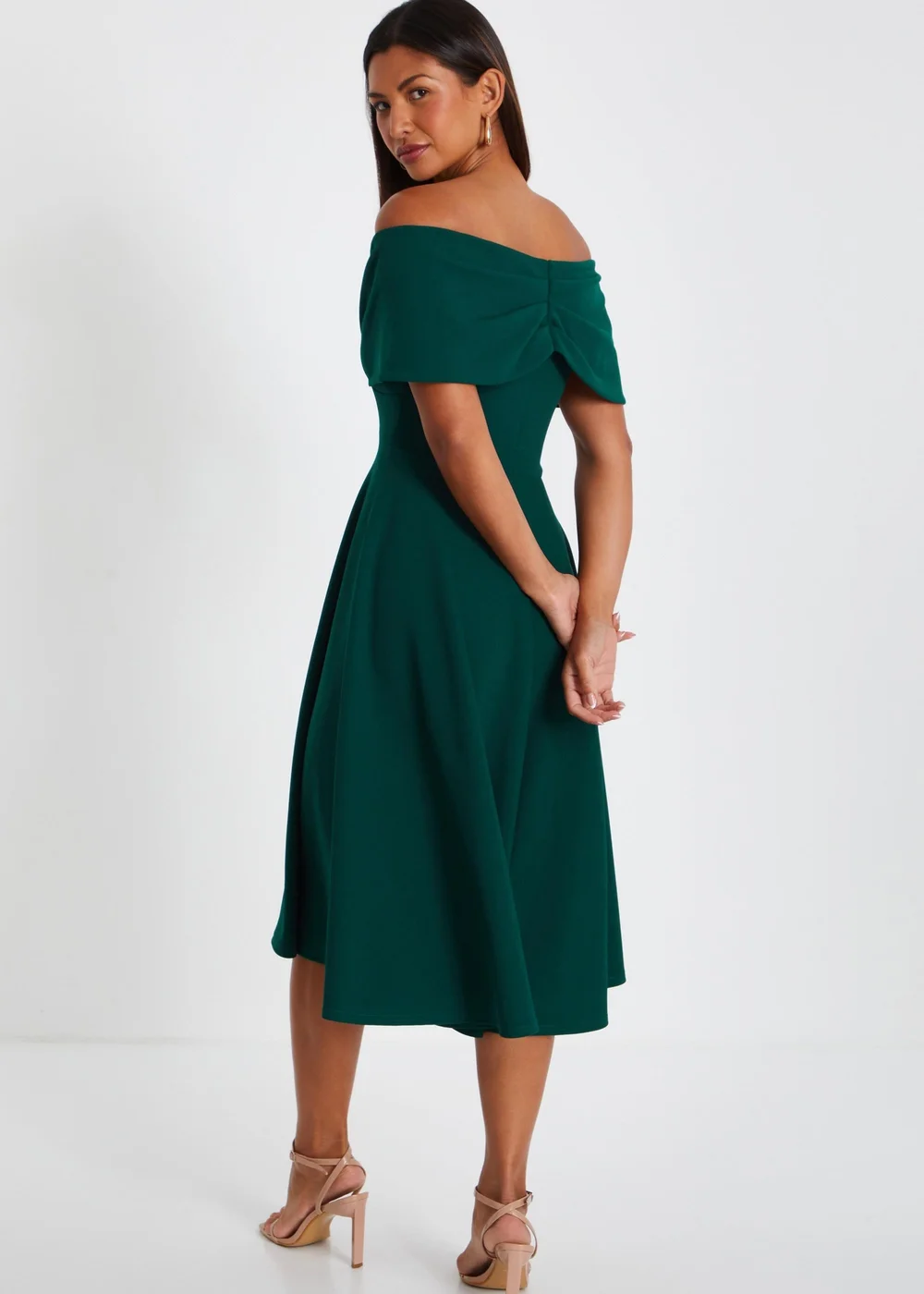 quiz green bardot dress Quiz Bottle Green Bardot Ruched Maxi Dress