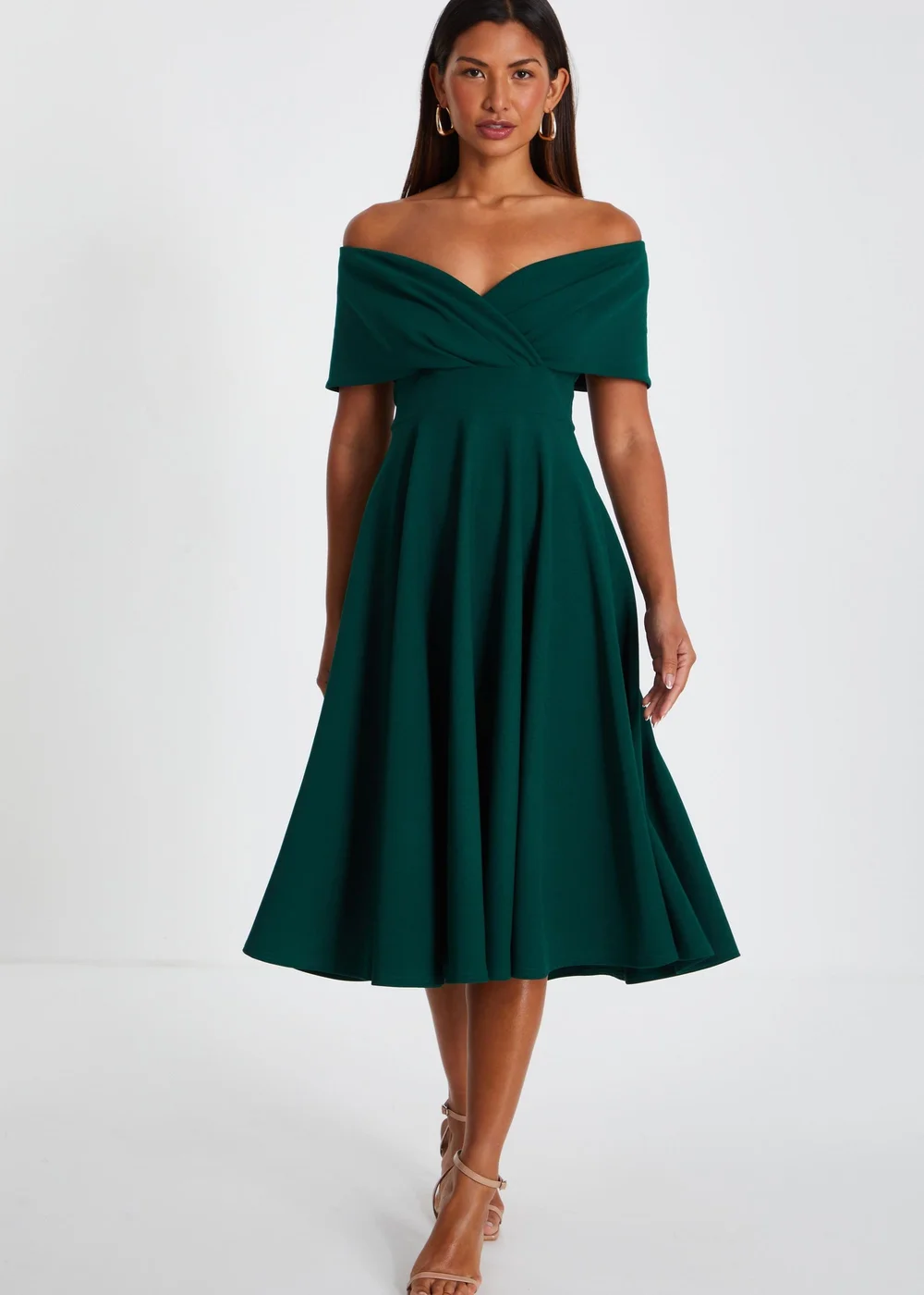 quiz bardot midi dress QUIZ Women's Scuba Twist Front Bardot Skater Dress